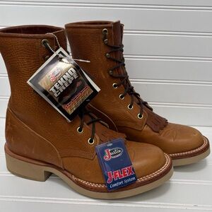 JUSTIN Vintage Brown Tekno Crepe Lace Up Roper Cowboy Boots Womens Size 6.5 NEW
